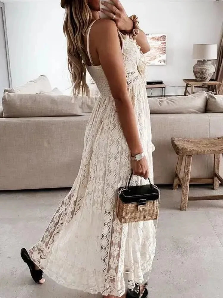 Vestido Largo con Escote en V de Encaje Alina