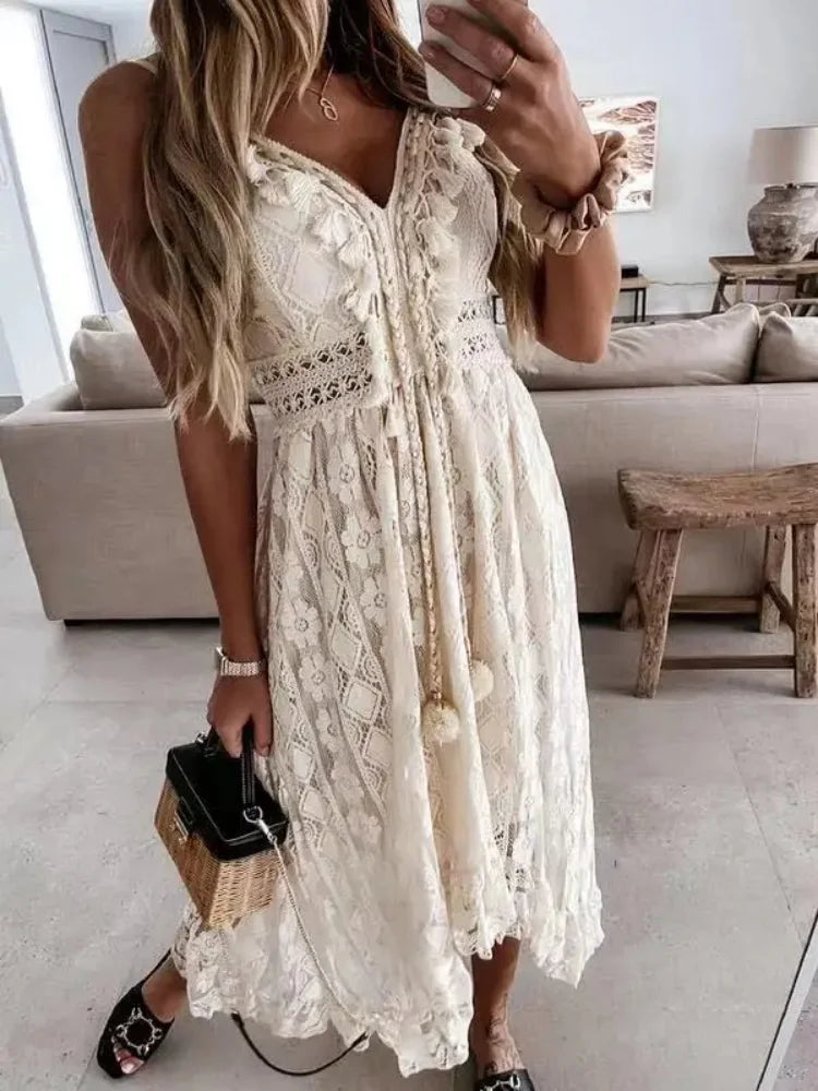 Vestido Largo con Escote en V de Encaje Alina