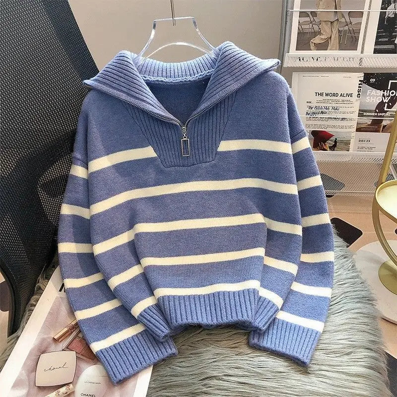 Jersey de punto a rayas con cremallera para mujer