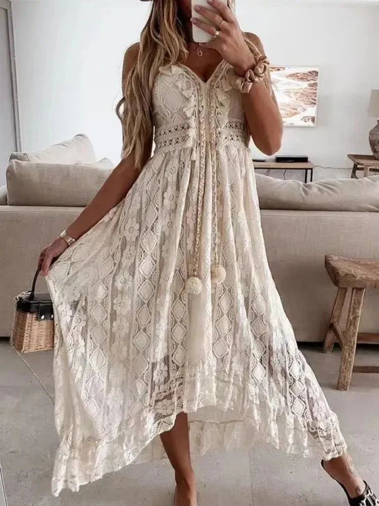 Vestido Largo con Escote en V de Encaje Alina