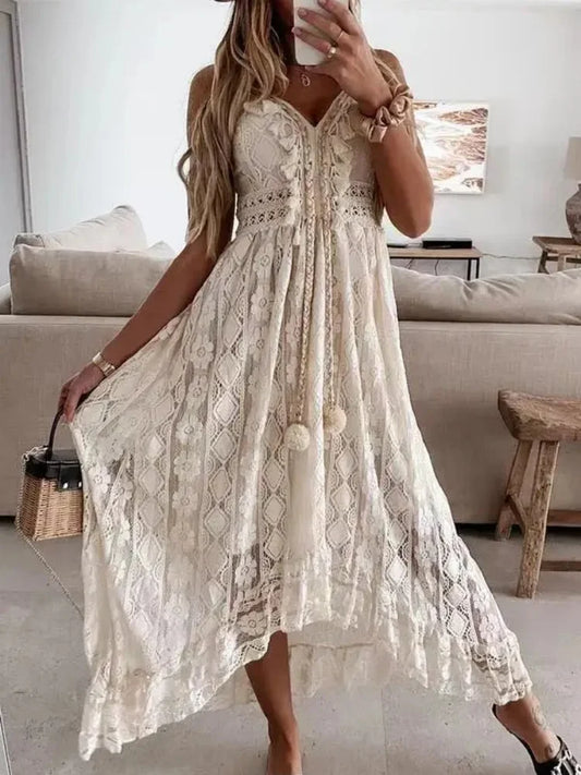 Vestido Largo con Escote en V de Encaje Alina