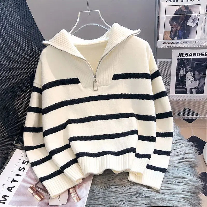 Jersey de punto a rayas con cremallera para mujer