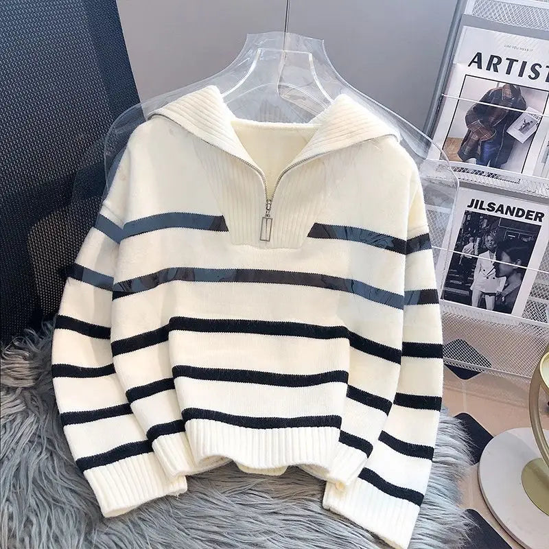 Jersey de punto a rayas con cremallera para mujer