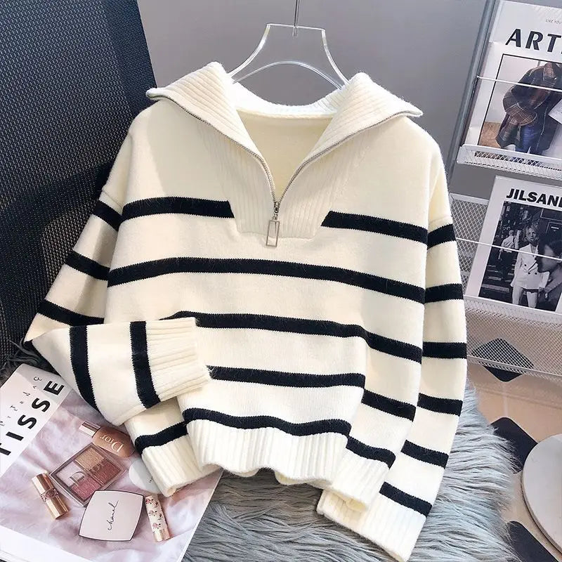 Jersey de punto a rayas con cremallera para mujer